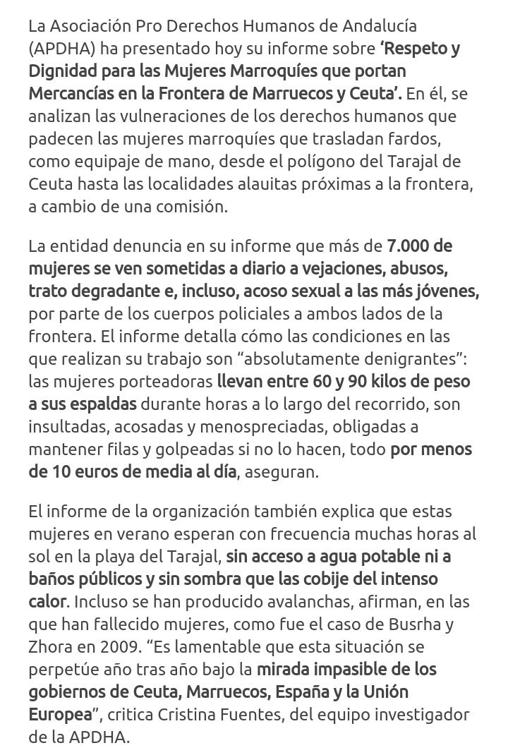 Algunos datos sobre la explotación que sufren las porteadoras. Informe de la <a href="/APDHA/">APDHA</a> #Melilla #FronteraSur