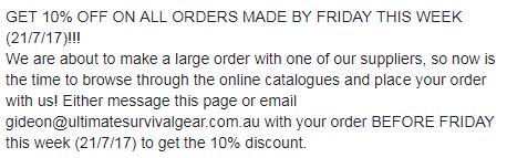 UltSurvivalGear's tweet photo. GET 10% OFF ON ALL ORDERS MADE BY FRIDAY THIS WEEK (21/7/17)!!! https://t.co/fE7TXkhv9l DETAILS: https://t.co/rsjTcXbRDw https://t.co/JwKmrAu6Y2