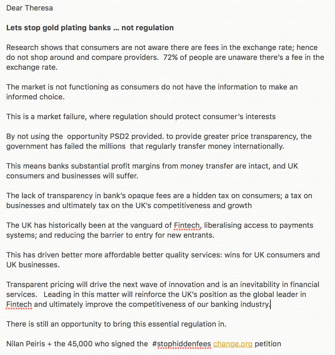 nilanp's tweet photo. Dear @theresa_may 

Lets stop gold plating banks not regulation 

#StopHiddenFees

https://t.co/yIwH8epadB https://t.co/Bx2LoqxgF0