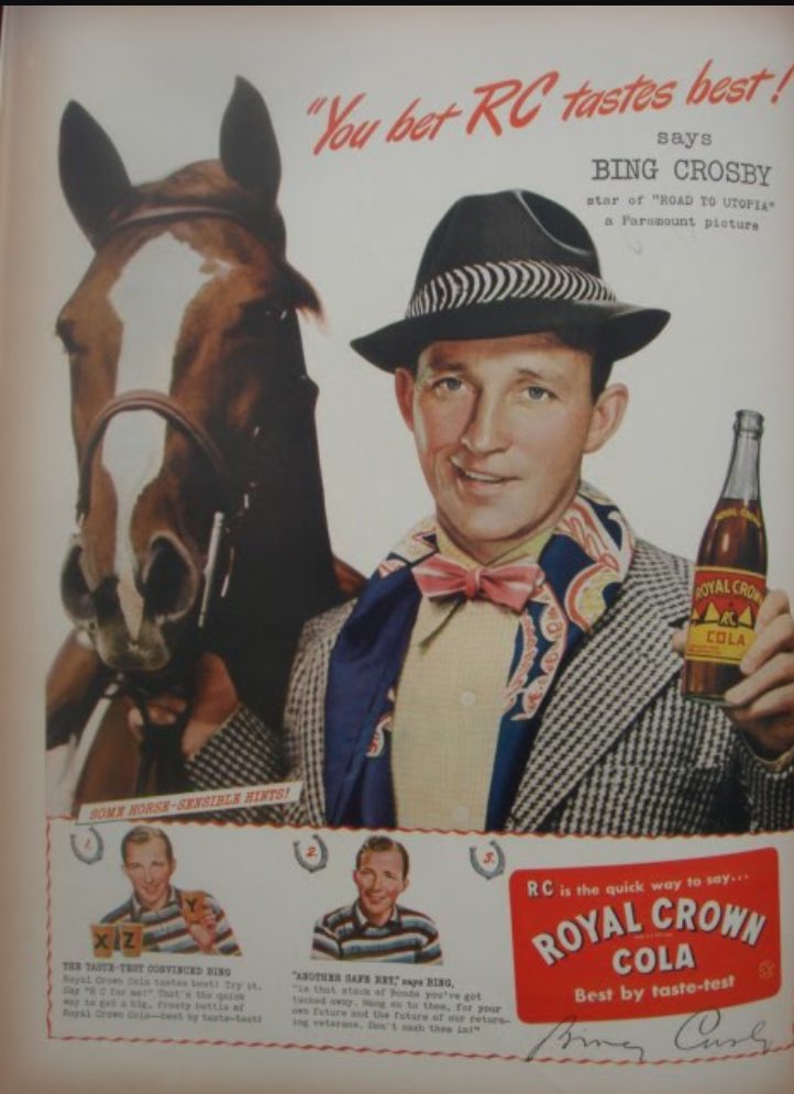 NotSoDRF's tweet photo. Even when he wasnt at #DelMar,Bing Crosby was never too far away from the #horses. Here's an RC Cola ad from back in the day. #TurfMeetsSurf https://t.co/HpNmVk0LRX