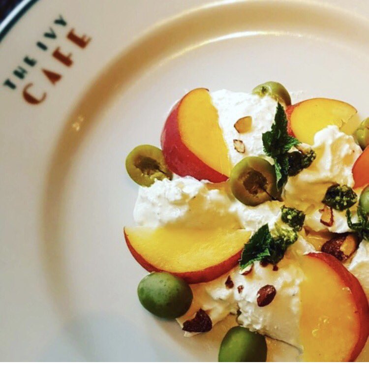 Summer on a plate..mozzarella di bufala with peaches, Nocellara olives, smoked almonds and pesto #ivycafe #wimbledonvillage #summer #lunch