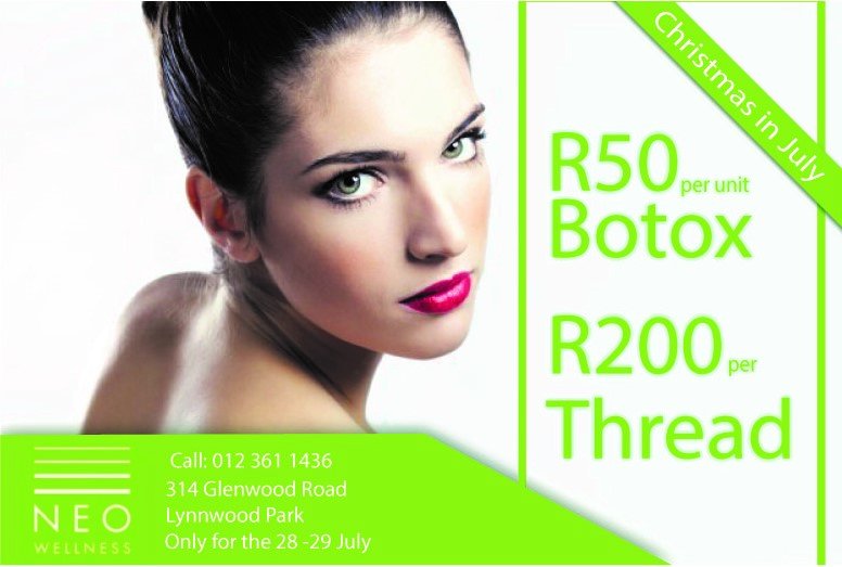 NeoWellnessInc's tweet photo. #Botox #R50perunit  #Thread #R200#Christmas #in #July 😀 https://t.co/Zl3DXO4yEv