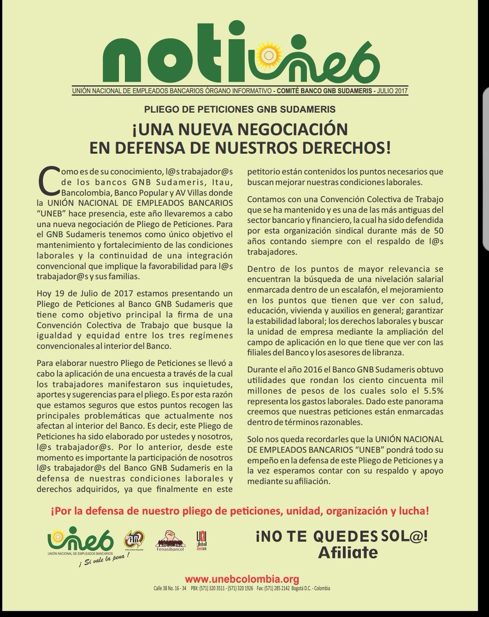 sophyeo19's tweet photo. #UnebPliegos2017 UNEB presenta hoy Pliego Peticiones GNB Sudameris, Vamos por Mejores Condiciones Laborales para los trabajadores!Afiliate! https://t.co/1LsUXXwKvj