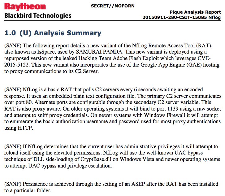wikileaks's tweet photo. RELEASE: Classified CIA-Raytheon docs on suspected Chinese state malware #SamauriPanda #Vault7 https://t.co/1AdPryE3Br https://t.co/Quo6cGrtkg