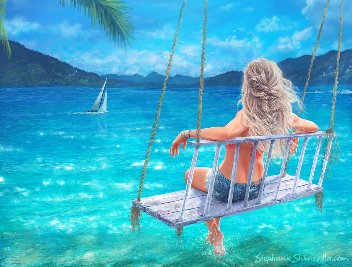 stephshimerdla's tweet photo. Miss June relaxes on a beachside swing with her feet dangling in the beautiful blue water! #illustration 

Closeups: https://t.co/EDqScbrMUi https://t.co/fG7C7KPuQM