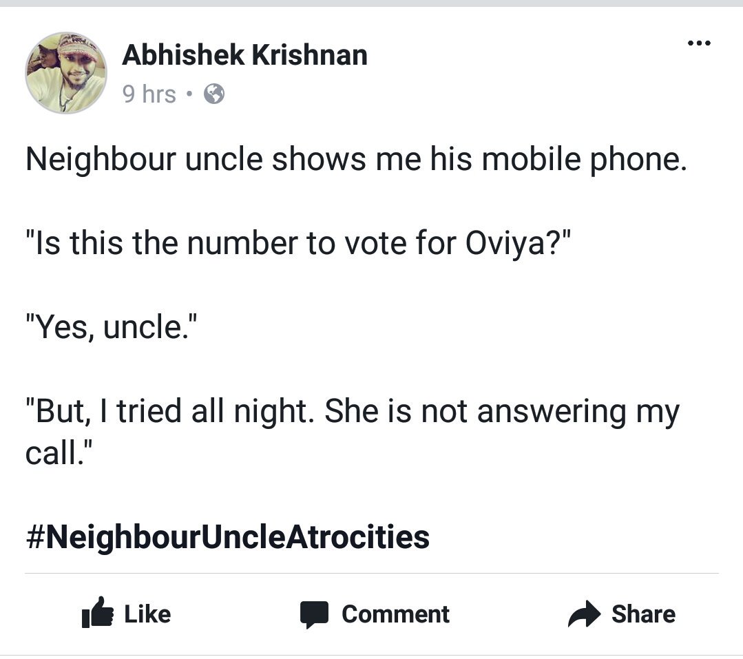 abi_krshn's tweet photo. #NeighbourUncleAtrocities #BiggBossTamil #Oviya https://t.co/xTOXSItjYm