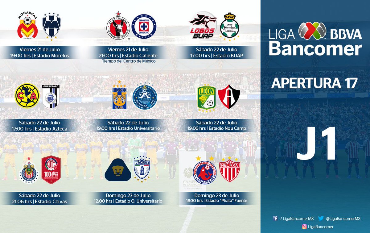 LigaBBVAMX's tweet photo. ¿Checaste ya tu #AgendaFutbolística 📅⚽ ?
Este viernes arranca la #J1AP2017 de la #LIGABancomerMX
⚽ #SienteTuLiga ⚽ #AbrazadosPorElFutbol https://t.co/4ybcUxRR4C