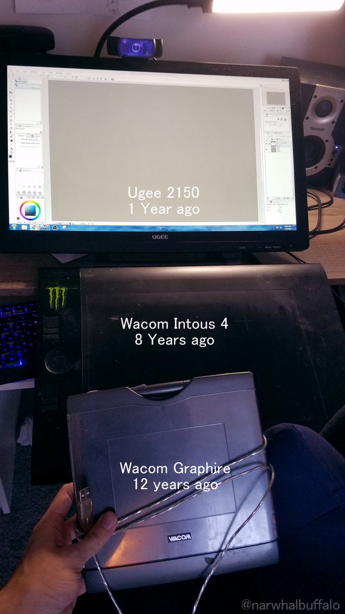 Narwhalbuffalo's tweet photo. Here is my line of #tablets I have used over the years. ^-^ Each one has served its purpose. #patienceandhardwork #wacom #ugee #grateful https://t.co/0I2jOICrOM