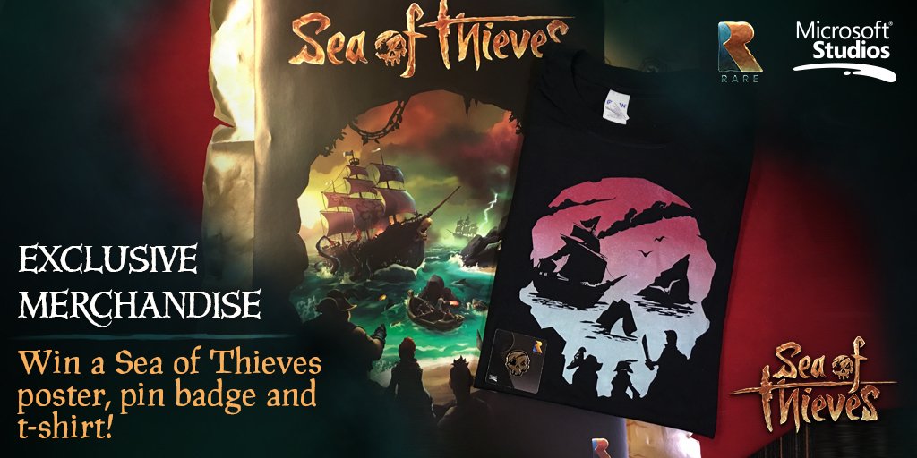 SeaOfThieves's tweet photo. Two lucky pirates will loot an exclusive new #SeaOfThieves shirt, poster and pin! Just RT and follow us by 4pm BST tomorrow. #WinWednesday https://t.co/K1VEtPMbRL