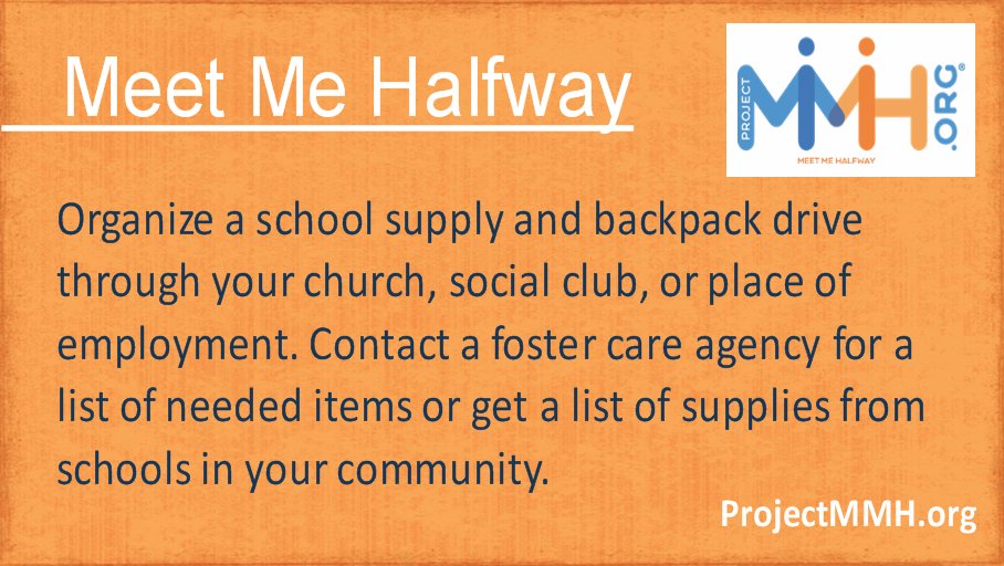 ProjectMMH's tweet photo. #MeetMeHalfway It's coming! #BackToSchool. Involve your church, social club or co-workers in collecting supplies for kids in #fostercare. https://t.co/hEGOhpQrhQ