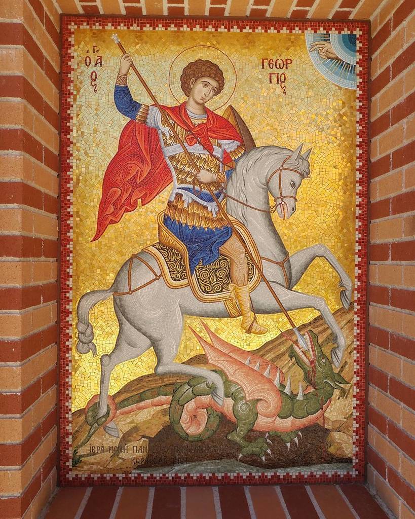 thaddeusthought's tweet photo. St George mosaic that glistened in the sun #stGeorge #stanthonysmonastery #orthodoxy #arizona https://t.co/u0DEUqusKw