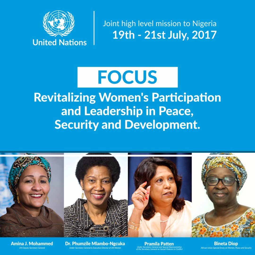 unwomenafrica's tweet photo. @UN High-Level mission 2 #Nigeria: Women's Leadership in Peace &amp; Dvpt #Goal16 @AminaJMohammed @phumzileunwomen @AUBinetaDiop #PramillaPatten https://t.co/lOLP3VYupb