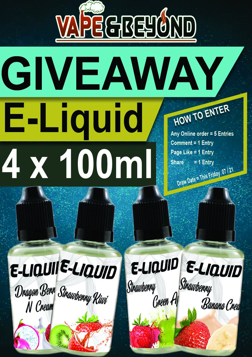 VapeAndBeyond's tweet photo. Giving away 4 x 100ml Bottles of some great tasting E-Liquids .This is taking place on facebook right now. Retweet for Entry.
#vapegiveaway https://t.co/zjwKXImNUP