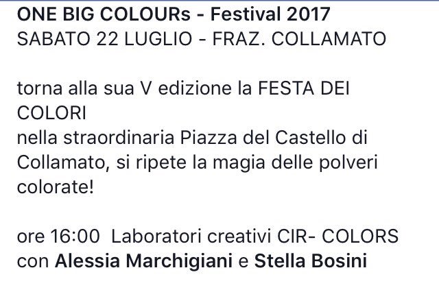 fabricamenti's tweet photo. #OneBigColours #OBCs17 
Torna la festa dei colori! SABATO 22 LUGLIO A COLLAMATO!!
#fabricamenti #Fabriano #leMarche Scoprite il programma 👇🏼 https://t.co/YuCYkApeWt