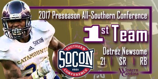 CatamountsFB's tweet photo. Congrats to Detrez Newsome @detrezn7 on being named Preseason 1st Team All SoCon! #365tough https://t.co/Ypr7Xnue0A