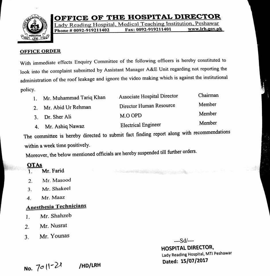 memzarma's tweet photo. The LRH admin suspend the staff who did not report the roof leakage in OT &amp; ignore the video recording. @hasankhyber https://t.co/bjySYgMfOy https://t.co/3t0fU8MzqZ