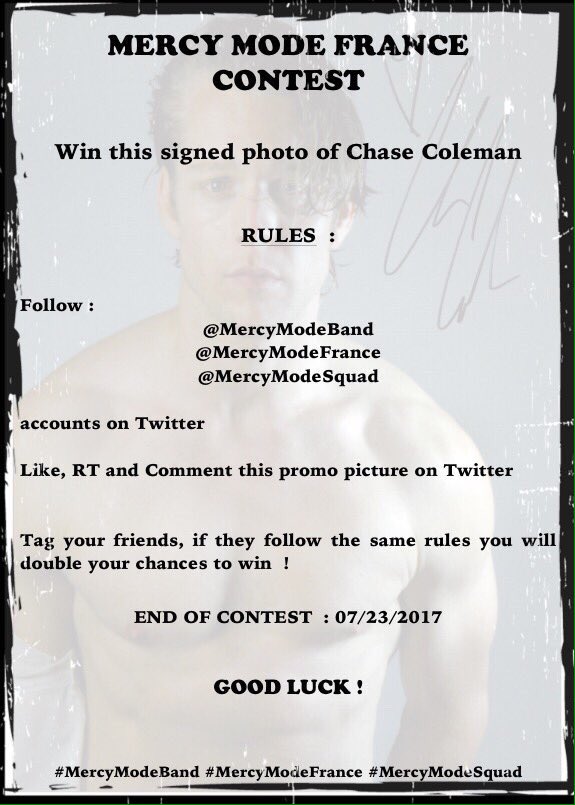 mercymodefrance's tweet photo. #MercyModeFrance contest! Click on the picture below, follow the rules and WIN a signed photo of @ChaseRColeman #ChaseColeman #MercyModeBand https://t.co/au0Y40B1yv