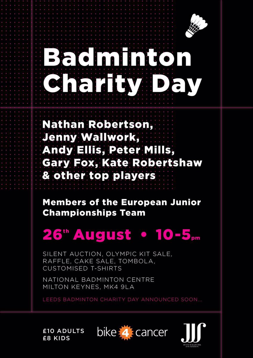Badminton charity event for <a href="/Bike4CancerUK/">Bike 4 Cancer</a> &amp; <a href="/JWFoundation1/">JWFoundation</a>. 26th Aug-MK. Play against Olympians, National champions &amp; top players. Pls RT