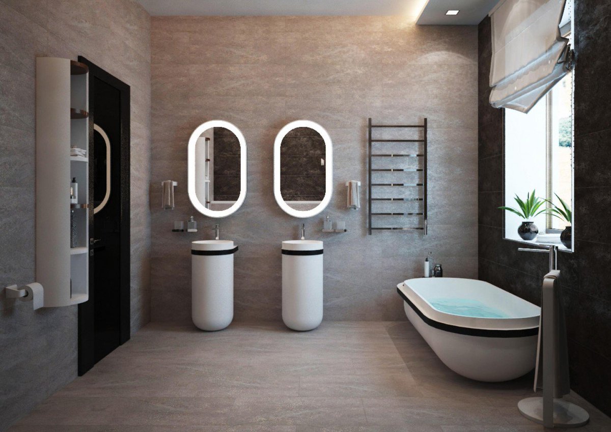 zodiac_ceramica's tweet image. ⁣Гостевой санузел с ванной, душем и двумя раковинами ⁣#krion #systempool #3Dвизуализация  #porcelanosagrupo #дизайнпроект #дизайнванной