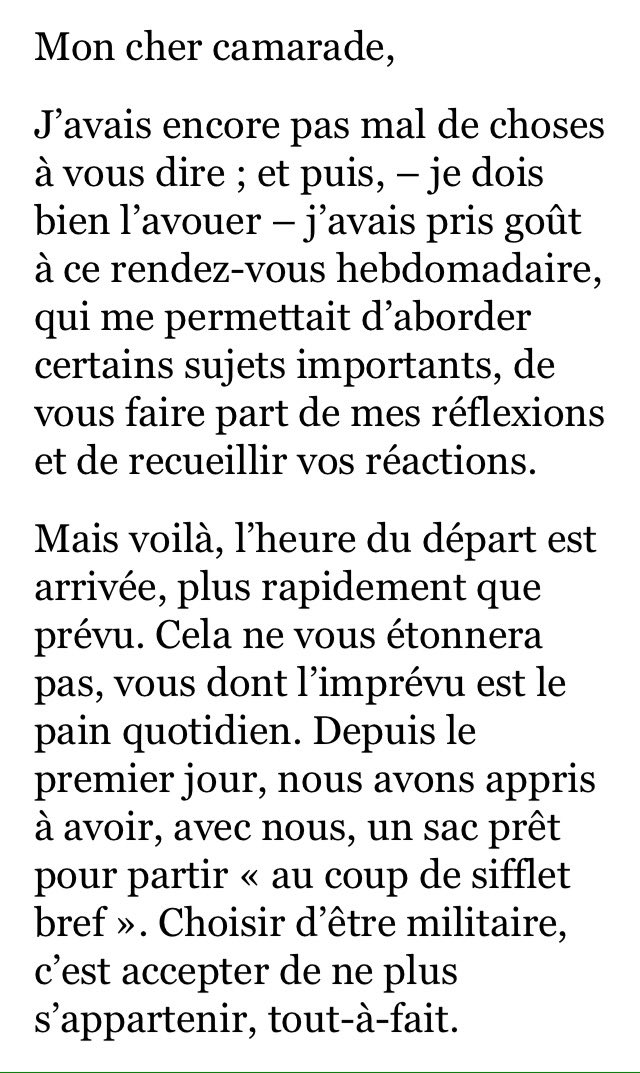 E2Villiers's tweet photo. La dernière lettre du Général de Villiers à chaque militaire. https://t.co/5iFZEyQl90