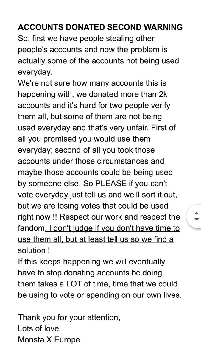 MonstaXEurope's tweet photo. [ #WARNING ] - second warning on donated accounts. If you have our accounts please read this ! #votemx #mwave #monsta_x #Shine_forever https://t.co/QG1PJsiPdO