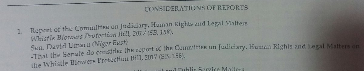 NGRSenate's tweet photo. 1. Report of the Committee on Judiciary, Human Rights &amp; Legal Matters. Whistle Blowers Protection Bill, 2017(SB.158) by Sen. @iamdavidumaru. https://t.co/kGGqQKoY3T