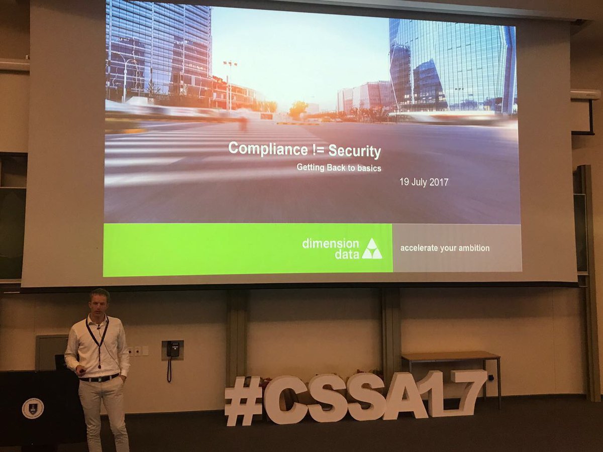 NTTDATAMEA's tweet photo. "Compliance does not mean you are secure. Do you understand the basics to ensuring your data is backed up and restored?" #CSSA17 @UCT_CSIRT https://t.co/LwP0Dvahna