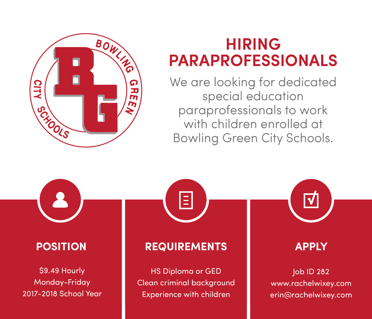 BG peeps--the district is in need of paraprofessionals for the upcoming school year. #workonyourkidsschedule @francis_scruci <a href="/BGSchools/">BG Schools</a>