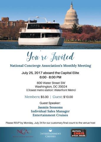 NCAWashDC's tweet photo. Join us Tues, July 25th aboard the Capital Elite Yacht for our meeting! Board at 6pm, set sail at 7pm. #conciergelife #hospitalitypartners https://t.co/pdtMfoh5Qf