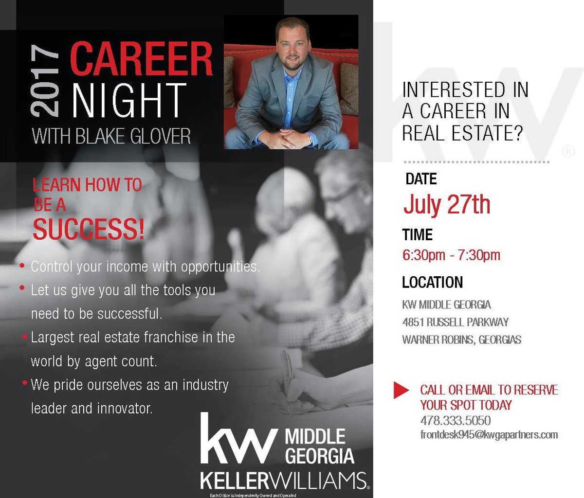 kwmiddlega's tweet photo. Interested in a career in real estate? Join us Thursday July 27th at 6:30pm  RSVP 4783335050 #realestate #kellerwilliams https://t.co/Y0RT0yJ9GF
