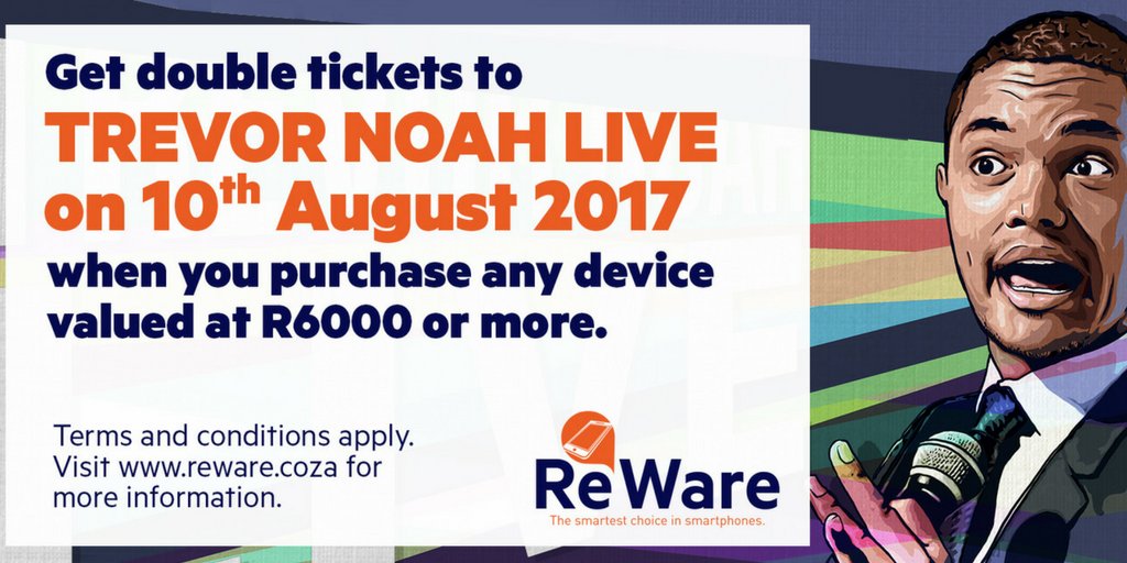 TicketProSA's tweet image. Want to get double tickets for @Trevornoah on the 10th August? Get down to @RewareSA and those tickets could be yours! #TrevorNoahSA