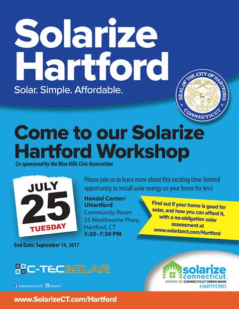 SolarizeCT's tweet image. Join us at the Solarize Hartford workshop on Tuesday, July 25 at 5:30 pm at Handel Center/UHartford’s community room at 35 Westbourne Pkwy