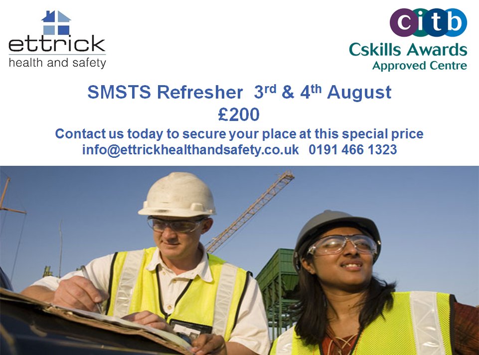 Ettrick_Safety's tweet photo. SMSTS Refresher Course 3rd &amp; 4th August. 
£200 per delegate.
Contact us today to book. https://t.co/EXdZiY2UB9