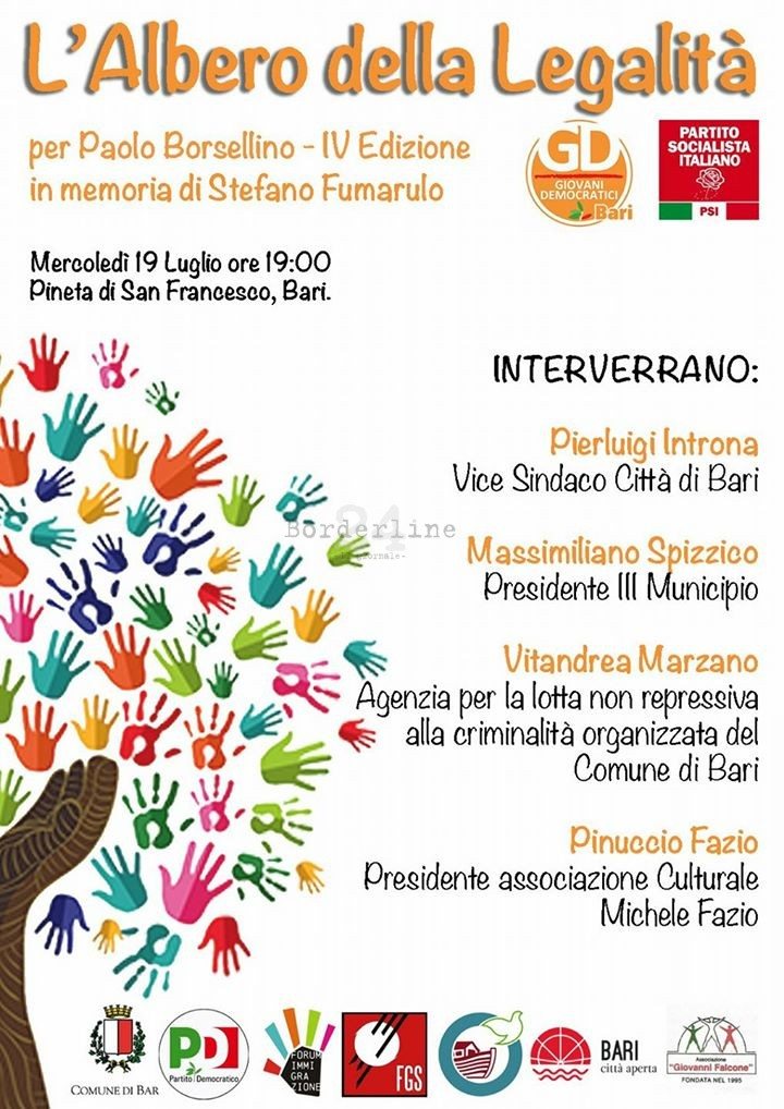 Borderline_24's tweet photo. #Bari, oggi la IV edizione de “L’albero per Paolo Borsellino” ... 
https://t.co/P8to3RYBz0
#Alberi #PaoloBorsellino #StefanoFumarulo https://t.co/PB8KRooafh
