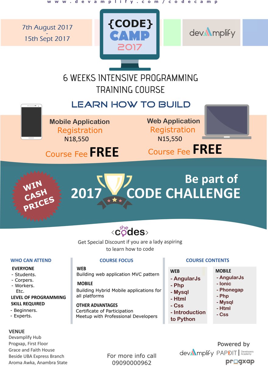 papdit's tweet photo. Learn how to code in 6 weeks. Attend the @devamplify #CODECAMP2017 for FREE and become an entry level developer! Call 09090000962 https://t.co/Gjqo9lx35u