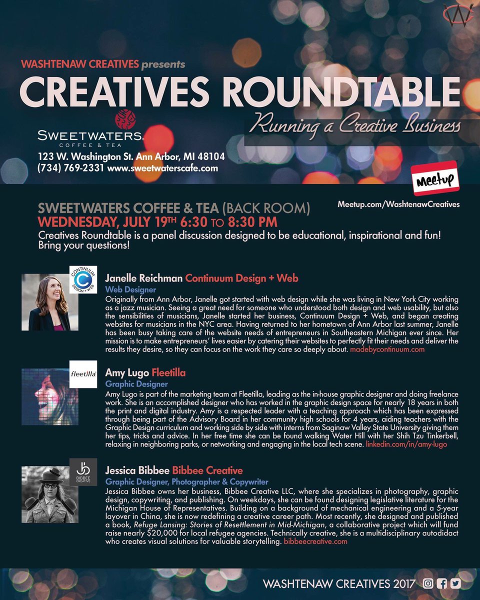 washtenawcreate's tweet photo. Hope to see you at Sweetwaters @Sweetwaters tonight from 6:30-8:30 for our panel discussion! #CreativesRoundtable #washtenawcreatives https://t.co/s59tz69uc6