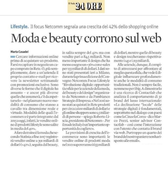 ContactLab's tweet photo. 19 July | @sole24ore
"Moda e beauty corrono sul web".
#Contactlab #Netcomm #ExaneBnpParibas https://t.co/K0m2kgBF5x