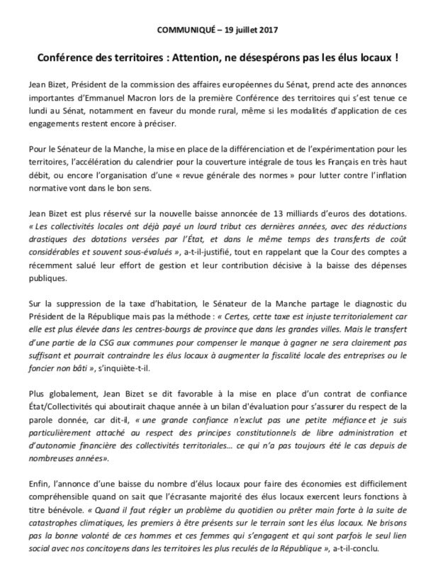 🔹COMMUNIQUÉ🔹
Conférence des territoires : Attention, ne désespérons pas les élus locaux !