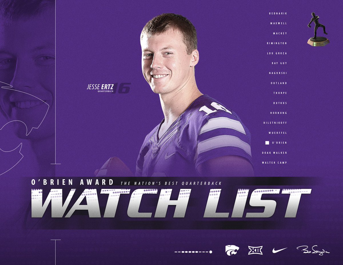 KStateFB's tweet photo. Jesse Ertz has been named to the Davey O'Brien watch list for the nation's best quarterback.

📰 https://t.co/zSo3MYrNMM

#EMAW #KStateFB https://t.co/4UuYW67goa
