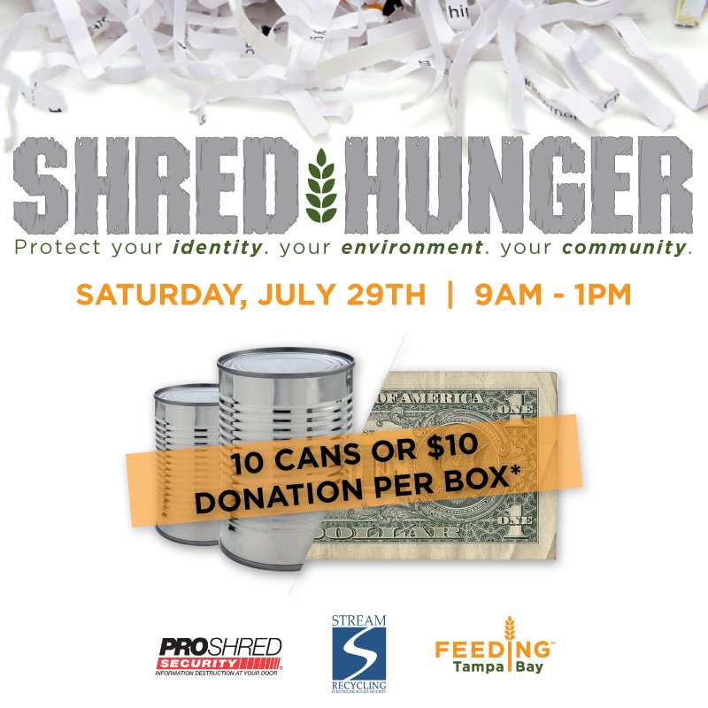 FeedingTampaBay's tweet photo. $10 = 100 meals! #ShredHunger & protect your identity! Details: https://t.co/wkzVwkN95d. @proshred @StreamRecycling #feedingtampabay #hunger https://t.co/uAZ5IIX3xJ