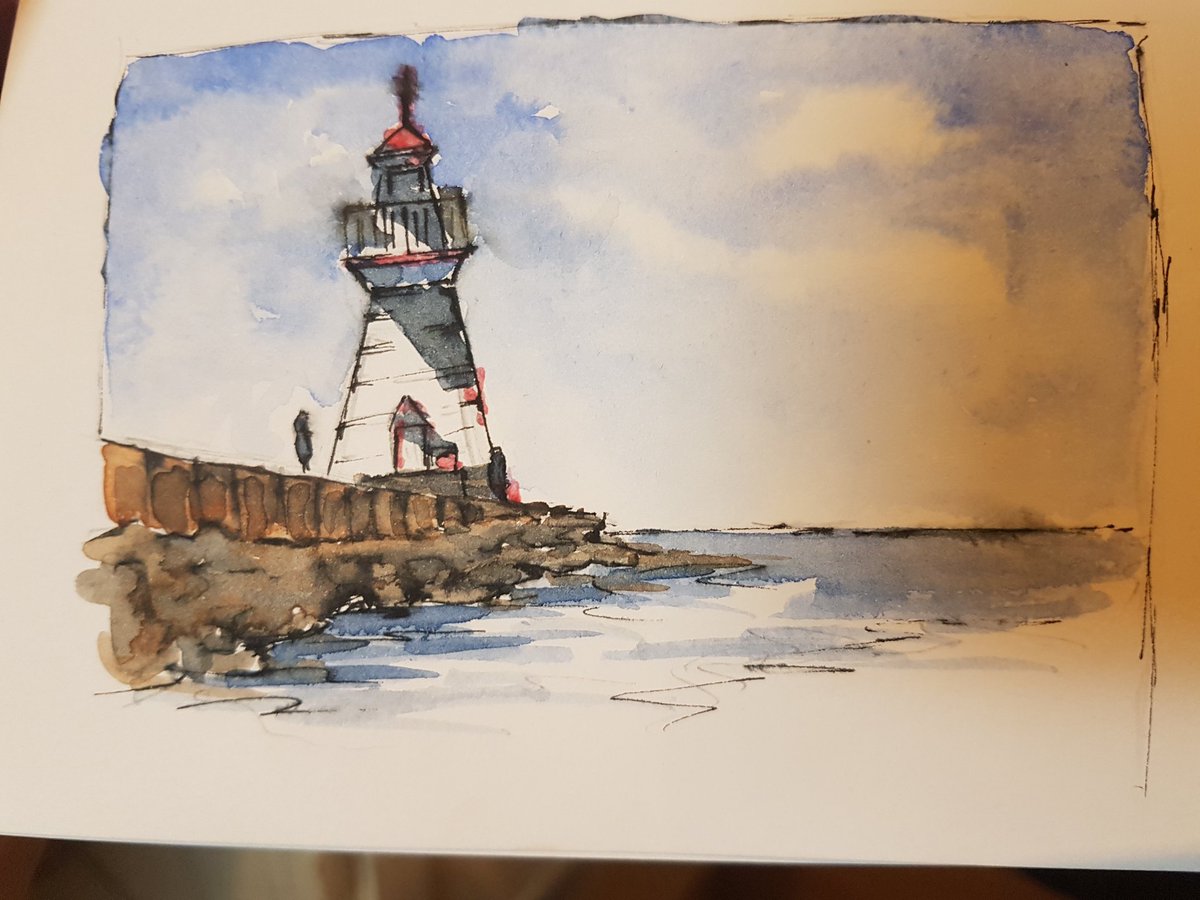 anthonyblakeart's tweet photo. Lighthouse in my sketchbook. The ink ran on my edding pen! I need a better fine liner! #watercolor #watercolour #painting #artist #art https://t.co/SZp6RbqbWI