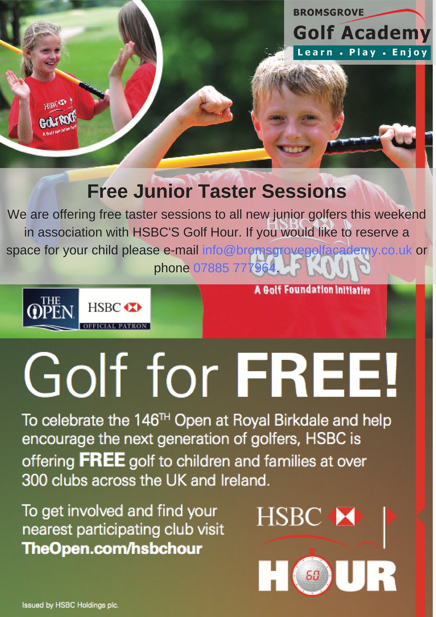 Free Junior Taster Sessions this weekend at <a href="/BromsgroveGolf/">Golf Centre</a>. e-mail info@bromsgrovegolfacademy.co.uk to reserve a space. <a href="/HSBC_Sport/">HSBC Sport</a> ⛳️