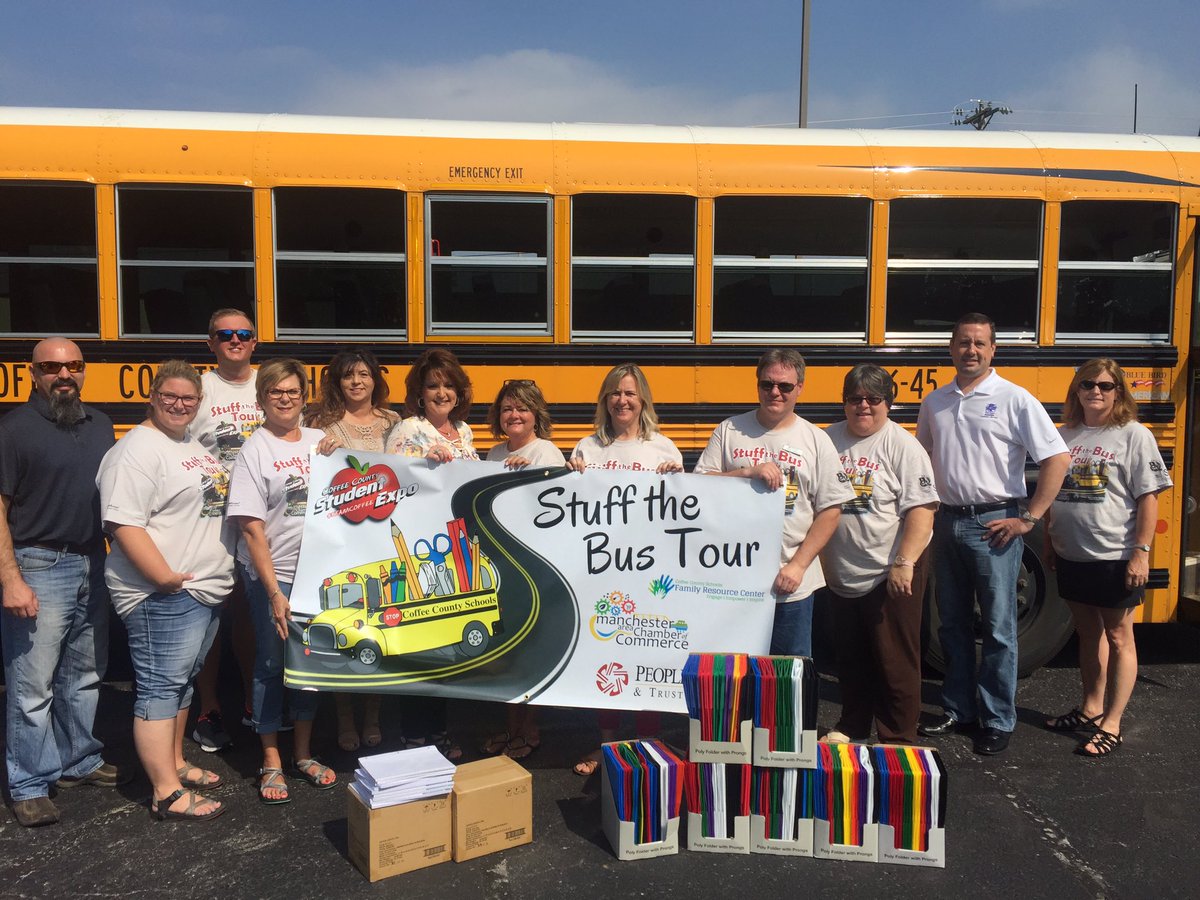 ManchesterTimes's tweet photo. Stuff the Bus Tour: folders and graph paper donated by Ravago to Coffee County Schools students. On to Kasai. https://t.co/ozktSjmcvc