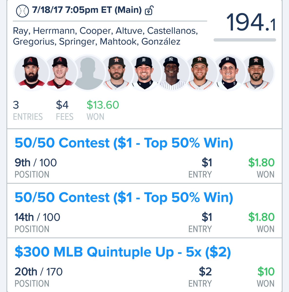 tke240's tweet photo. And more! @toptenfanduel is killing it! #feverfanatics #DFS https://t.co/ULFlFWBfr7