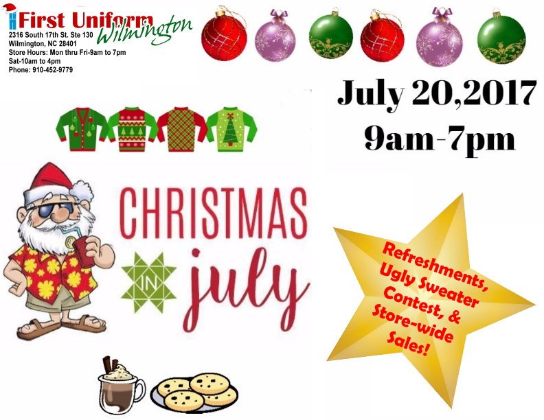 FirstUniform19's tweet image. Tomorrow it's Christmas in July! 9am-7pm sales, refreshments, and of course presents!