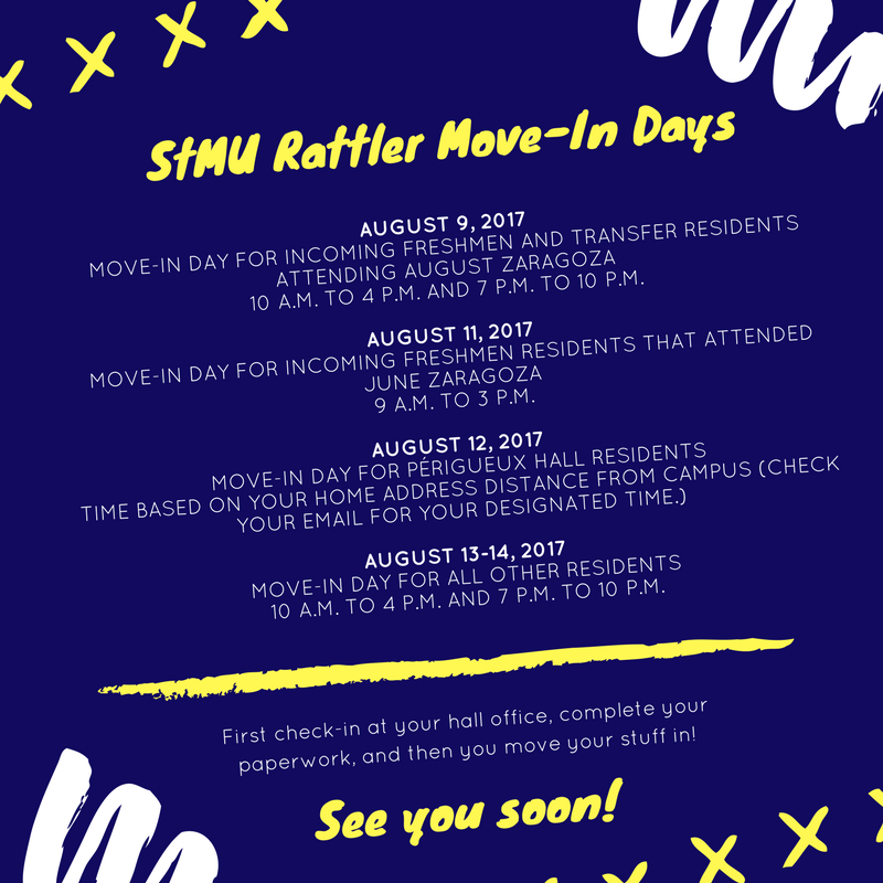 StMUResLife's tweet photo. Hey Rattlers! Curious as to when you can move in to your room? Check-out this schedule! #StMU #RattlerMoveIn #Moveindayiscoming https://t.co/utKgJzmULr