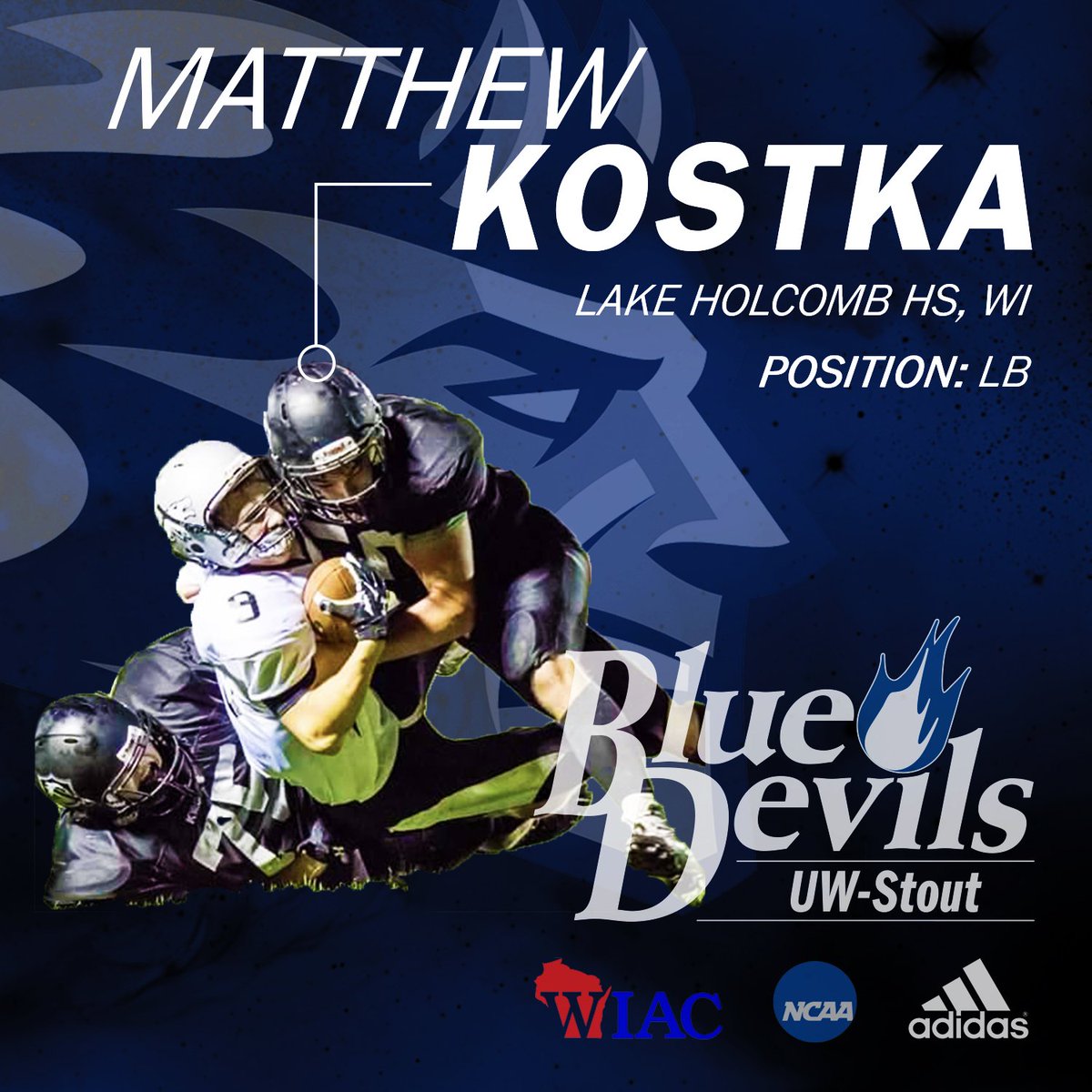 UWStoutFootball's tweet photo. Matthew Kostka. Linebacker from Lake Holcomb HS, WI. #BlueDev17s https://t.co/BoWpkCx0Xs