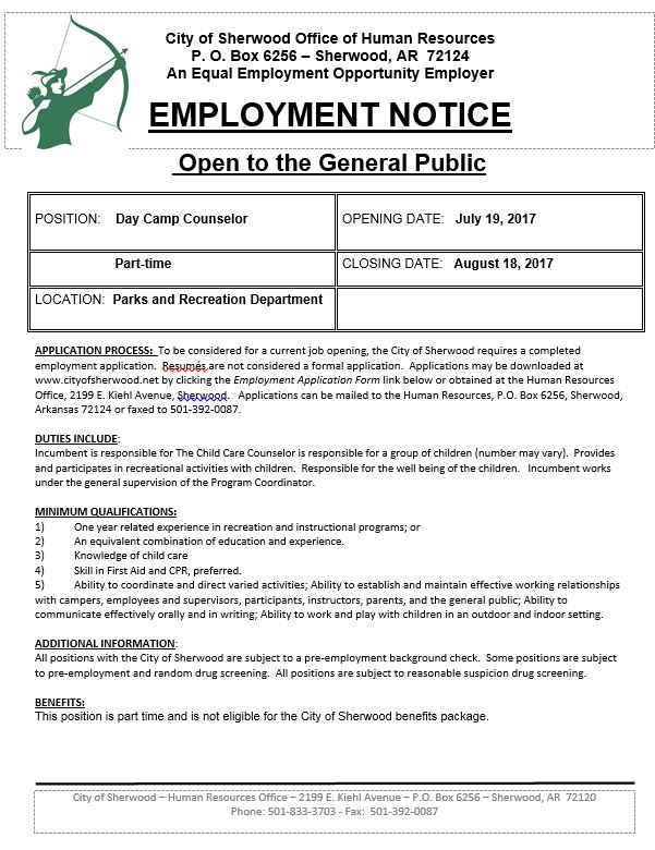 SherwoodRecruit's tweet photo. New Part-Time Seasonal Job Opportunity. You can apply at https://t.co/ufRnKm6Qrb or in our office at City Hall. https://t.co/JoVOxrPqxl