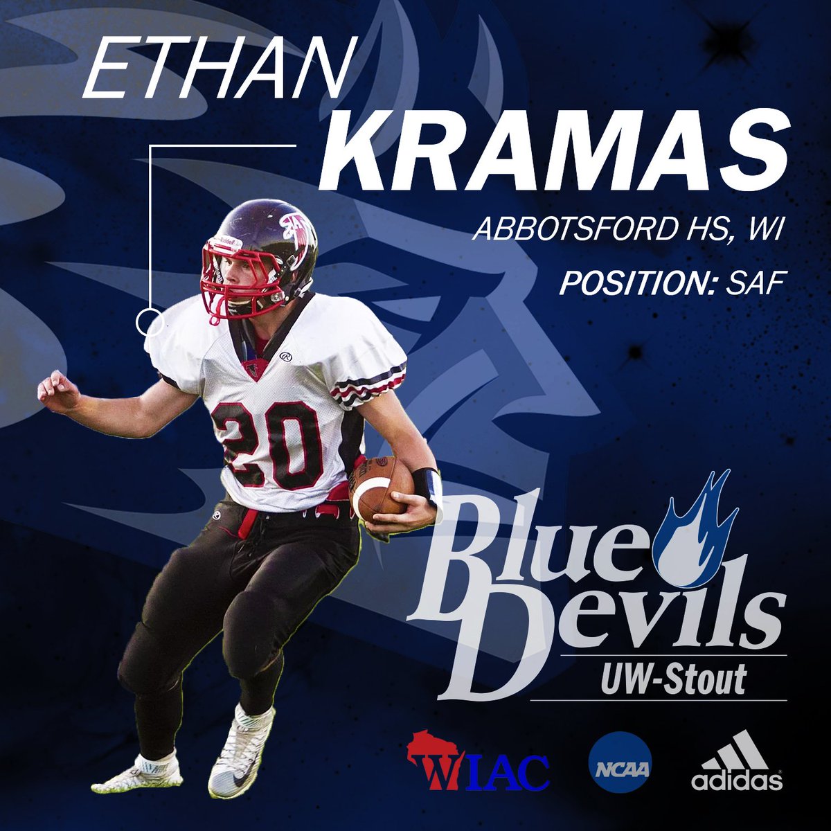 UWStoutFootball's tweet photo. Ethan Kramas (@Ekram_3). Defensive Back from Abbotsford HS, WI. #BlueDev17s https://t.co/dKkVDrPWqK