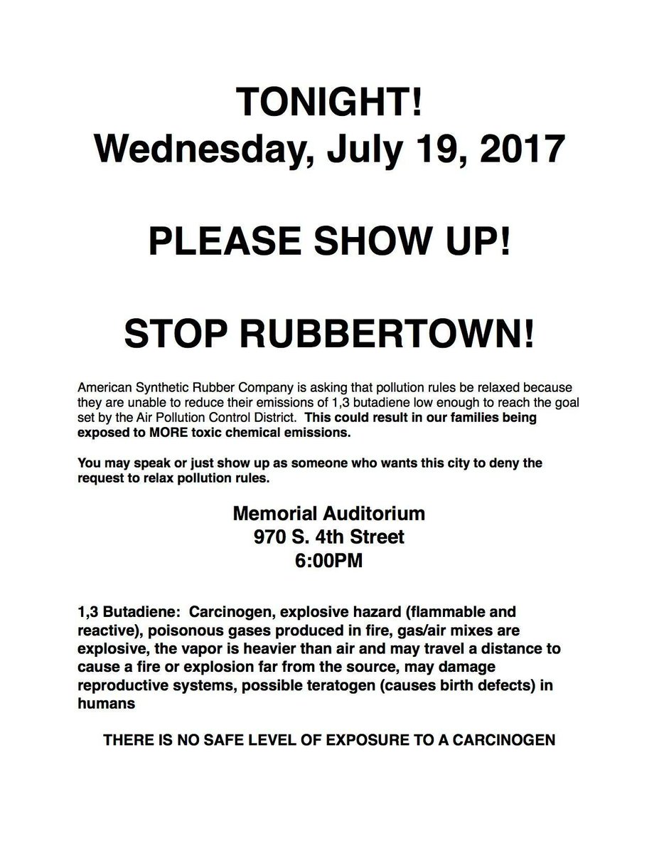 REACTLouisville's tweet photo. TONIGHT:  Help is say "No!" To relaxed pollution rules. #rubbertownstinks https://t.co/r8ebJqnAuS